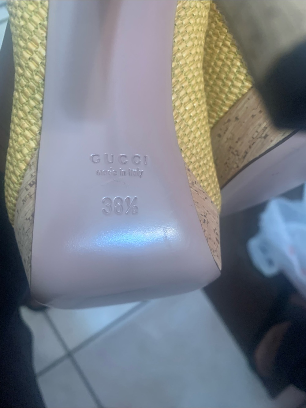 Gucci Yellow Woven Cork Wedge Heels